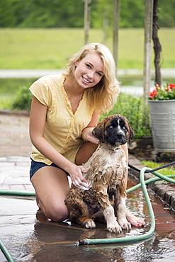 Portrait of young woman washing her dog, USA, New Jersey, Old Wick 