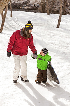 Portrait of young woman with boy (4-5) during stroll, USA, Utah, Highland