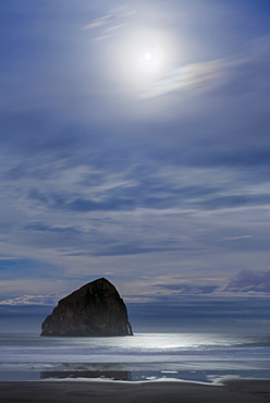 Haystack Rock at moonset, USA, Oregon, Pacific City