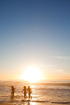 Four friends running in the shallow water