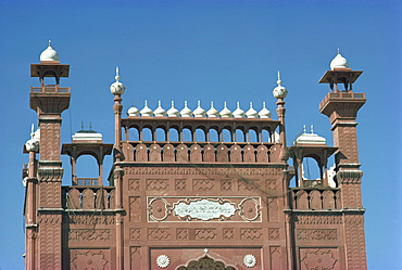 Close-up of domes and walls of the Badshahi mosque in Lahore, Pakistan, Asia