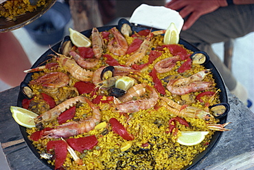 Close-up of a pan of paella, Menorca, Balearic Islands, Spain, Europe