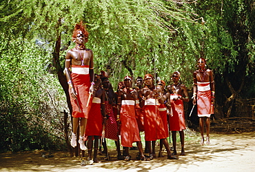 Samburu men jumping whilst dancing, Kenya, East Africa, Africa