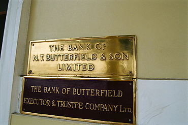 Bank nameplates, Hamilton, Bermuda, Atlantic, Central America