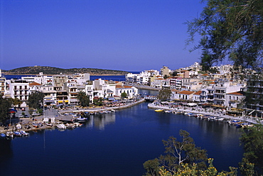 Lake Voulismeni or 'Bottomless Lake' in foreground, Agios Nikolas, Crete, Greece, Europe