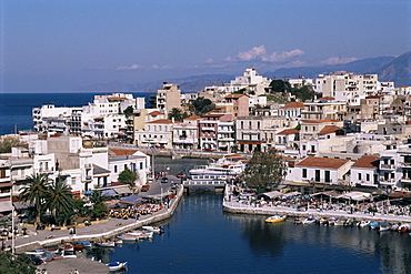 Bottomless lake, or Lake Voulismeni in foreground, Agios Nikolas, Crete, Greece, Europe