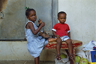 Portrait of two young children, Scarborough, Tobago, West Indies, Caribbean, Central America