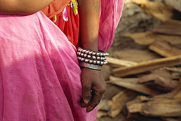 Silver bracelets on woman's wrist, Dhariyawad, Rajasthan state, India, Asia