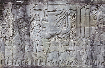 Carvings in stone depicting a king riding an elephant, Angkor Wat, UNESCO World Heritage Site, Siem Reap, Cambodia, Indochina, Southeast Asia, Asia