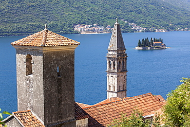 St. Nicholas Church and St. George's Island in the background, Perast, Bay of Kotor, UNESCO World Heritage Site, Montenegro, Europe 