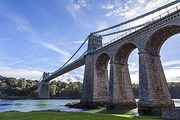 Menai Bridge spanning the Menai Strait, Anglesey, Wales, United Kingdom, Europe 