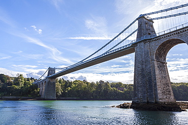 Menai Bridge spanning the Menai Strait, Anglesey, Wales, United Kingdom, Europe 