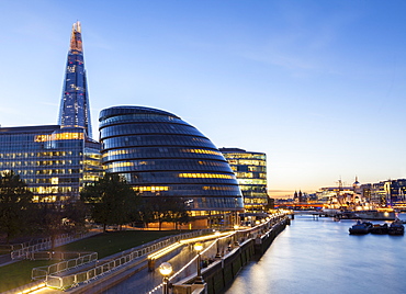 London skyline at dusk including the GLC building, HMS Belfast and the Shard, taken from Tower Bridge, London, England, United Kingdom, Europe