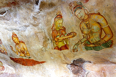 Sigiriya (Lion Rock) frescoes or ancient wall paintings, UNESCO World Heritage Site, Sri Lanka, Asia 