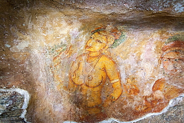 Sigiriya (Lion Rock) frescoes or ancient wall paintings, UNESCO World Heritage Site, Sri Lanka, Asia 