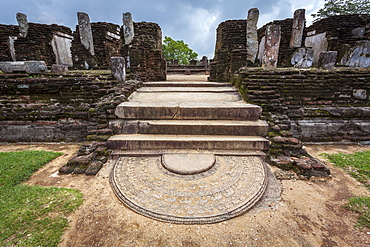 Entrance to Kiri Vihara Buddhist temple ruins with moonstone at entrance, Polonnaruwa, UNESCO World Heritage Site, Sri Lanka, Asia 