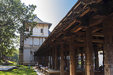 The stone columns of the open air Audience Hall, Temple of the Sacred Tooth Relic, UNESCO World Heritage Site, Kandy, Sri Lanka, Asia