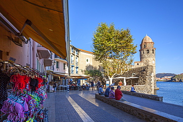 Beachfront and shops, Collioure, Pyrenees-Orientales, Languedoc Roussillon, France, Europe