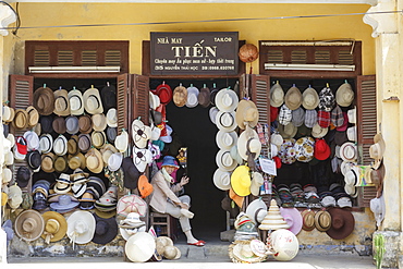 A hat seller's shop front, Hoi An Old Town, Hoi An, Vietnam, Indochina, Southeast Asia, Asia