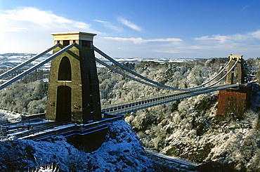 Clifton Suspension Bridge in snow, Bristol, UK