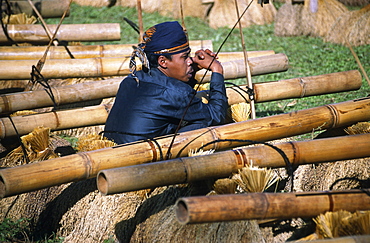 Kasepuhan musician at annual rice festival Seren Tahun, West Java, Indonesia