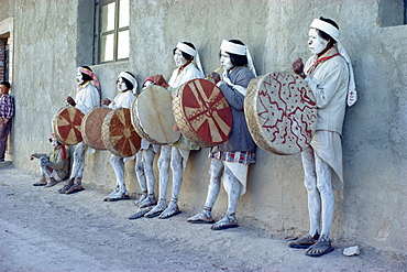 Tarahumaras Indians with full body decoration and ceremonial drums for Easter celebrations, Norogachi, Sierra Madre, Mexico, North America