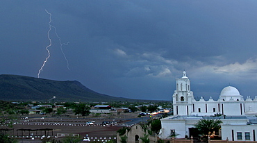 San Xavier Mission With Lightning, Lightning; San Xavier Mission; Tucson; Arizona