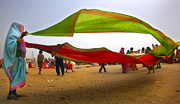 Indian women drying clothes at ÇªGangasagar  fairÇ©  in  Sagar Island , West Bengal , India 