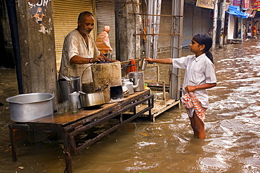 The waterlogged street in Varanasi  after heavy rain. Varanasi, Uttar Pradesh India