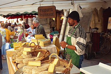 Cheese stall at market, Annecy, Haute Savoie, France, Europe