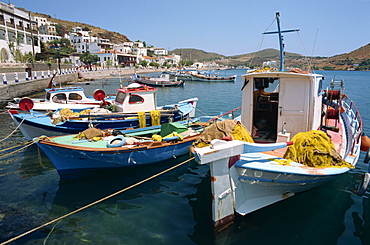 Fishing boats in the harbor at Skala on Patmos, Dodecanese Islands, Greek Islands, Greece, Europe