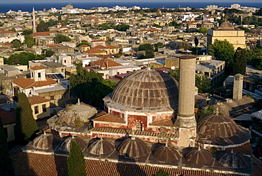 Aerial view over Suleiman's Mosque and the old town, Rhodes Town, Rhodes, Dodecanese Islands, Greek Islands, Greece, Europe