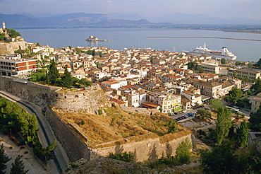 The town of Nafplion with cruise ship in port, from the Palamidi Castle, Nafplion, Greece, Europe