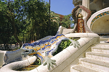 Mozaic lizard sculpture by Gaudi, Guell Park, Barcelona, Catalonia, Spain, Europe