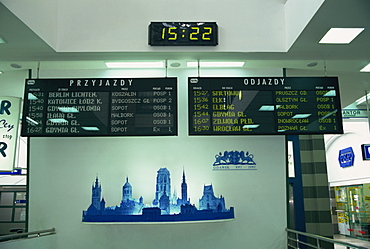 Railway station timetable information board, Gdansk, Pomerania, Poland, Europe