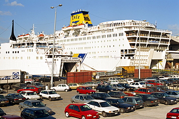 Cars in front of the Ro-Ro ferry at the port of Piraeus, near Athens, Greece, Europe