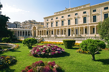 Formal gardens and the Palace of St. Michael and St. George, built in1819, Corfu, Ionian Islands, Greek Islands, Greece, Europe