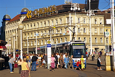 Commuters and tram in Ban Jelacic Square, Zagreb, Croatia, Europe