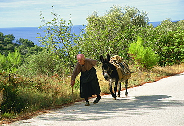 Old lady with donkey, Mljet Island, Croatia, Europe