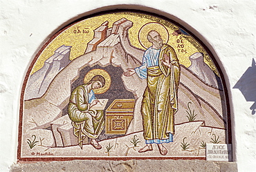 Mosaic of St. John dictating to pupil Prochorus, Cave of Apocalypse, Patmos, Dodecanese, Greek Islands, Greece, Europe