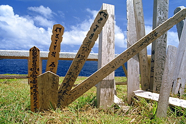 Wooden memorials to Japanese war dead from WWII on the island of Saipan, Pacific Islands