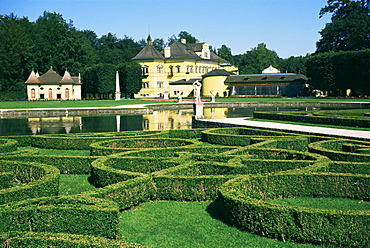 Curved hedges in formal gardens, Schloss Hellbrunn, near Salzburg, Austria, Europe