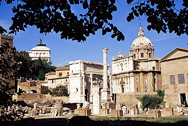 The Roman Forum looking north, the Curia and Arch of Septimius Severus, Rome, Lazio, Italy, Europe