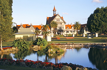 Government Gardens with bath-house dating from 1908, now the Museum of Rotorua, Rotorua, South Auckland, North Island, New Zealand, Pacific