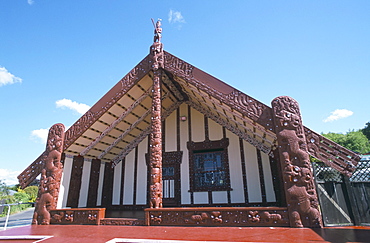 Tamatekapua, Maori meeting house (whare whakairo), Ohinemutu, Rotorua, South Auckland, North Island, New Zealand, Pacific