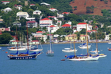 Sailing boats moored off Charlotte Amalie, St. Thomas, U.S. Virgin Islands, West Indies, Caribbean, Central America