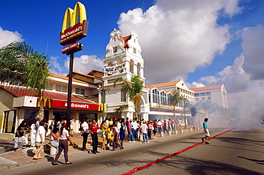 Exploding fireworks near a McDonalds restaurant, for New Year's Eve celebrations, Oranjstad, Aruba, Caribbean, Central America