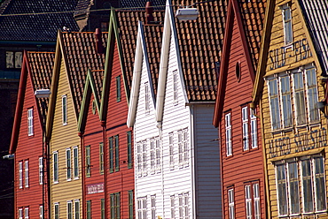 Detail of traditional housing facades on the quayside, Bergen, Norway, Scandinavia, Europe