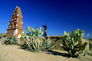 Brick tower and wall of the San Miguel Mission dating from 1797, 35 miles north of San Luis Obispo, California, United States of America, North America