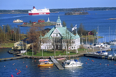 The yacht harbour of Valkosaari, and a Viking Line ferry in the background, in Helsinki, Finland, Scandinavia, Europe